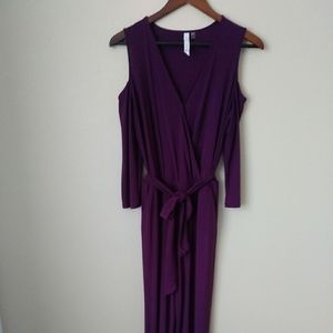Cold shoulder faux wrap wide leg jumpsuit - purple